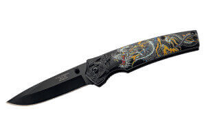 Couteau pliant Herbertz 594712 manche en aluminium noir avec motif dragon d'Asie 12cm