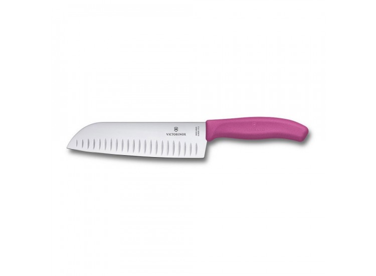 Couteau Santoku lame alv&eacute;ol&eacute;e inox 17cm manche rose Victorinox 6.8526.17L5