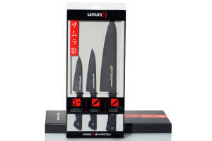 Coffret 3 couteaux Samura Shadow revêtement antiadhésif : Office + Universel + Chef