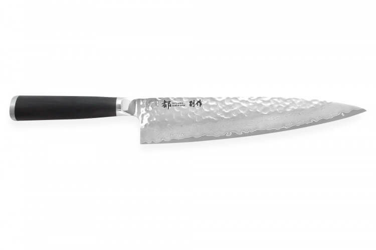 Couteau de chef japonais Shizu Hamono Bessaku Miyako martelé damas 33 couches 24cm