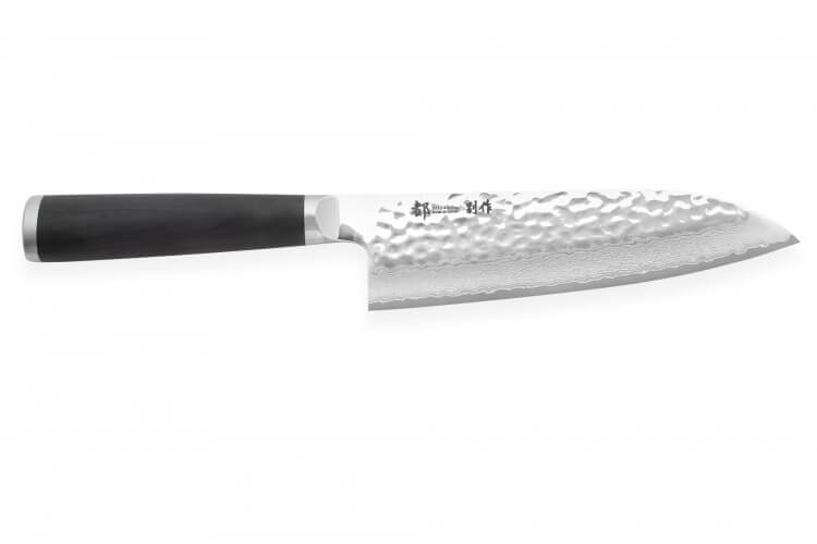 Couteau santoku japonais Shizu Hamono Bessaku Miyako martelé damas 33 couches 18cm