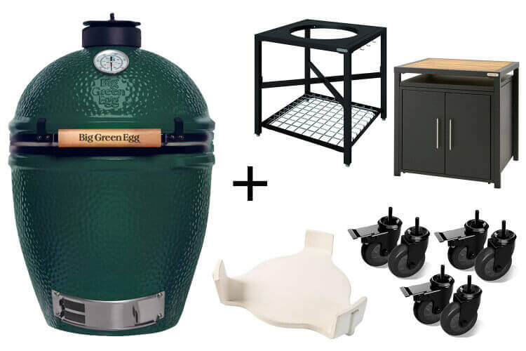 Pack Big Green Egg Large barbecue + convEGGtor + table modulaire + meuble placard + 8 roulettes