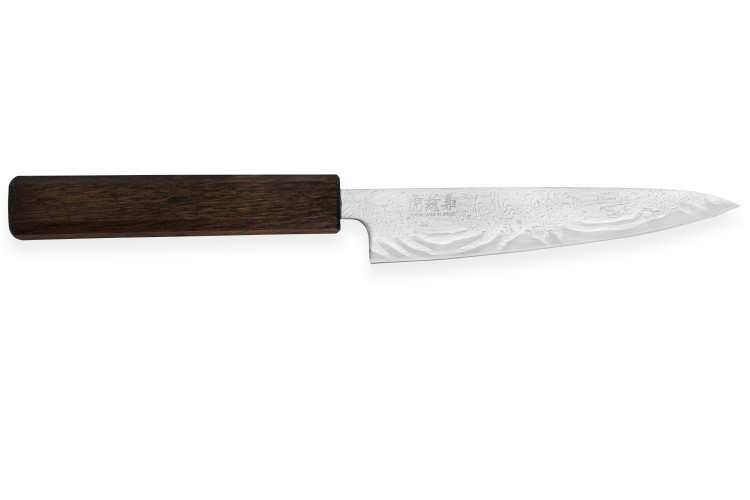 Couteau universel japonais artisanal Wusaki Unagi AUS10 damas 14cm manche chêne