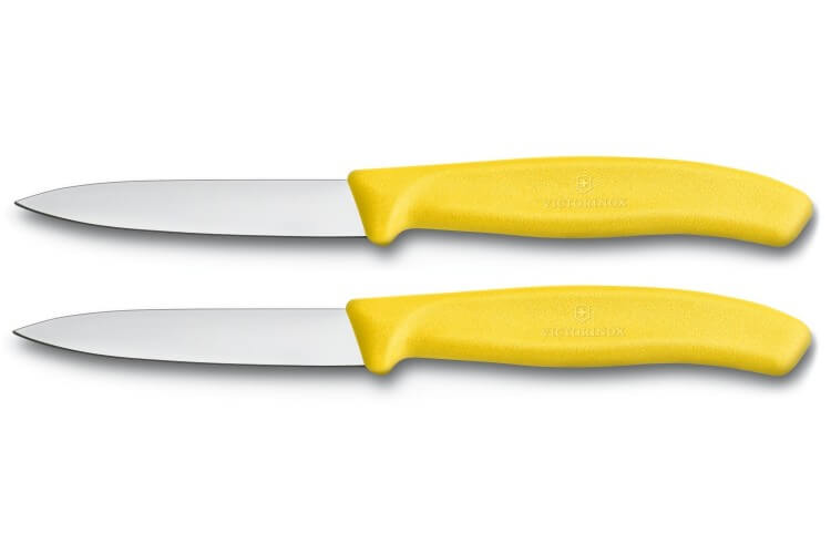 2 Couteaux d'office Victorinox lame 8cm pointe milieu manche jaune