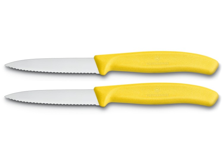 2 Couteaux d'office Victorinox lame à dents 8cm pointe milieu manche jaune