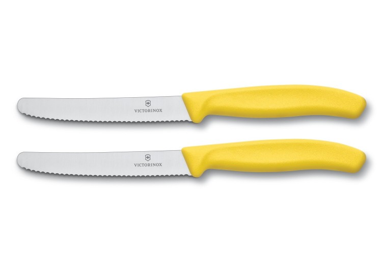 2 couteaux de table rond Victorinox lame 11cm à dents jaune