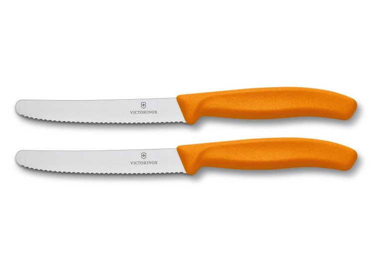 2 couteaux de table Victorinox lame 11cm à dents bout rond manche orange