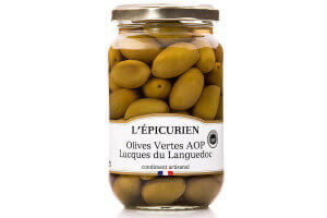 Olives Vertes artisanales AOP Lucques Du Languedoc L'Épicurien fabriquées en France 380g