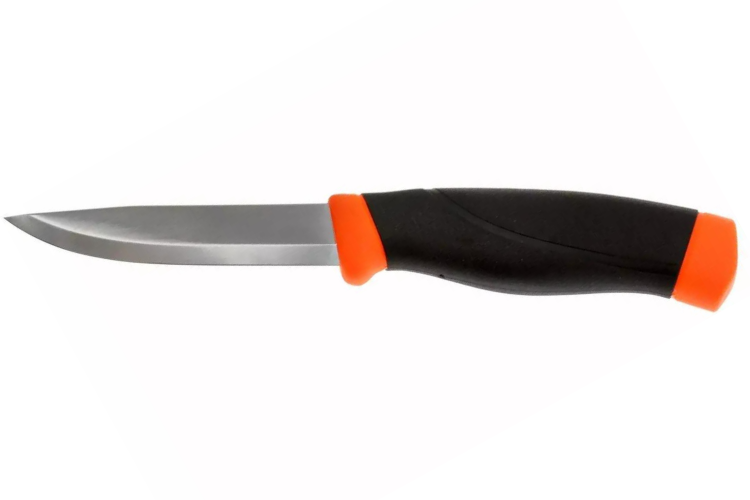 Couteau Mora Companion Heavy Duty F 12211 lame carbone 10,4cm manche caoutchouc noir/orange + &eacute;tui