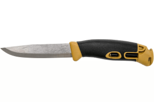 Couteau Mora Companion Spark 13573 lame inox 10,4cm manche caoutchouc jaune sable avec pierre à feu et cordon + étui