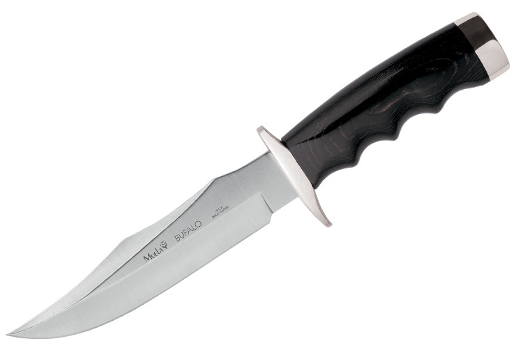 Couteau Muela Bufalo 9257 lame 17cm manche micarta noir avec extrémités en laiton + étui en cuir