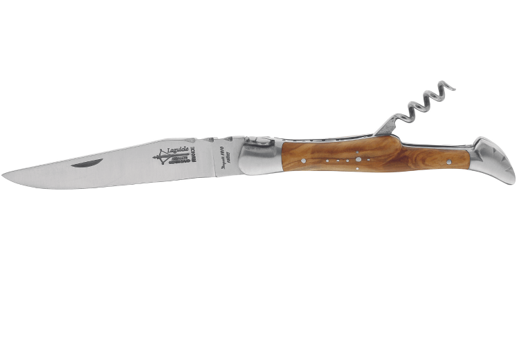 Couteau pliant Laguiole G.DAVID 6322 manche en bois d'olivier avec mitres en inox + tire-bouchon