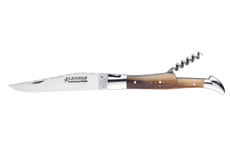 Couteau pliant Laguiole GILLES 8682 manche pointe de corne blonde 12cm avec tire-bouchon