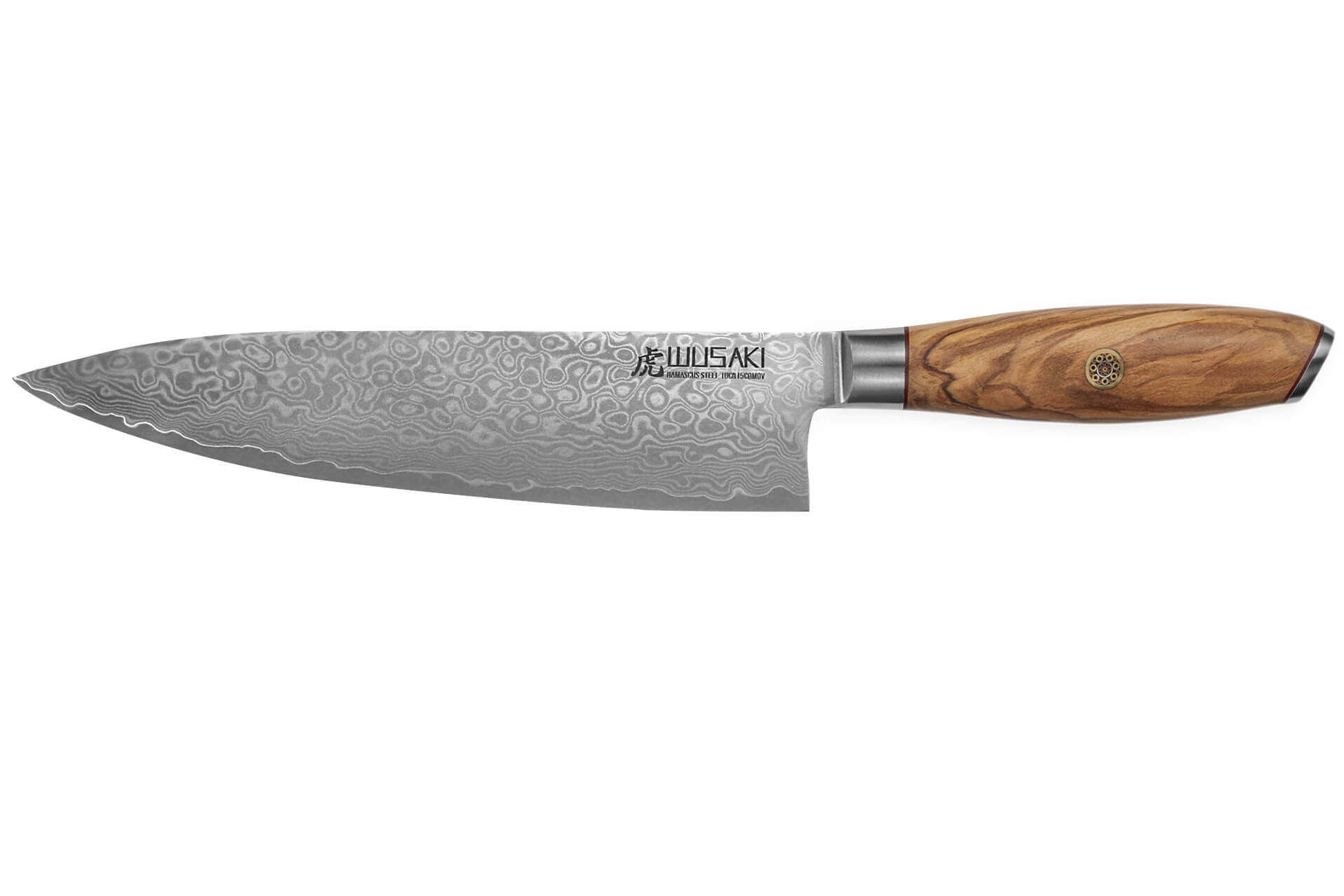 AUS-10 Set de 3 couteaux japonais en acier damassé, manche olive