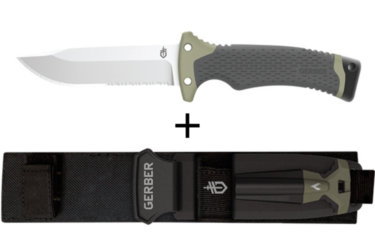 Couteau Gerber New Ultimate GE001830 lame semi-dent&eacute;e 12cm manche en polypropyl&egrave;ne + &eacute;tui en nylon