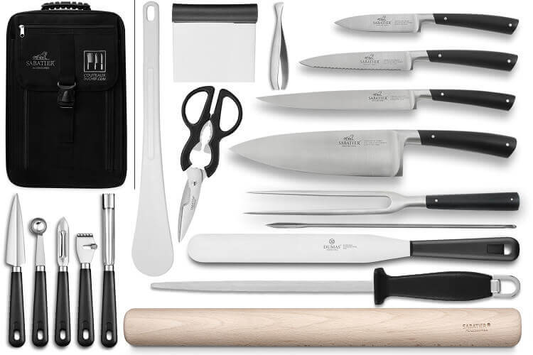 Sac spécial chef Sabatier Edonist 4 couteaux de cuisine français + 14 ustensiles - Exclusivité