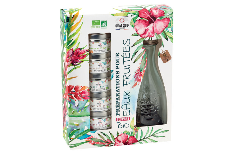Coffret 5 préparations bio pour eaux fruitées Quai Sud avec carafe et paille en verre