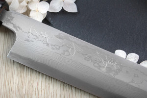 Couteau sakimaru takohiki japonais artisanal Naoki Mazaki Damascus biseauté 27cm
