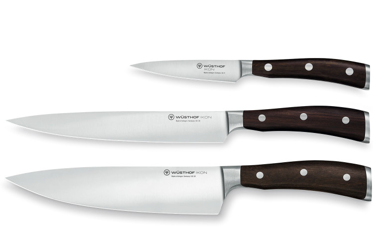 Coffret 3 couteaux Wusthof Ikon forgés - office 9cm + tranchelard 20cm + chef 20cm