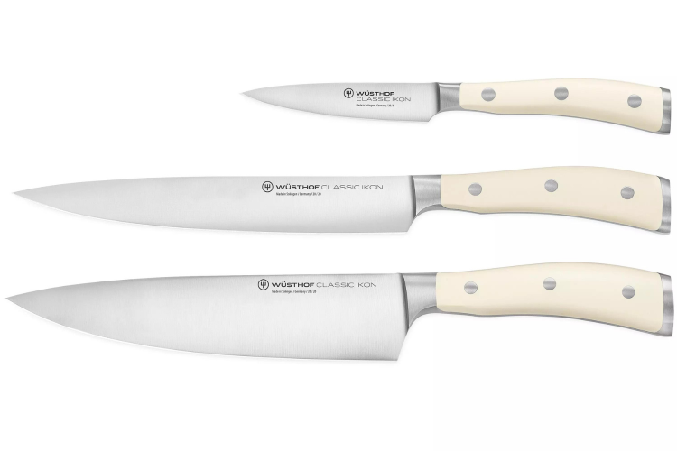 Coffret 3 couteaux Wüsthof Classic Ikon blanc forgés - office 9cm + tranchelard 20cm + chef 20cm
