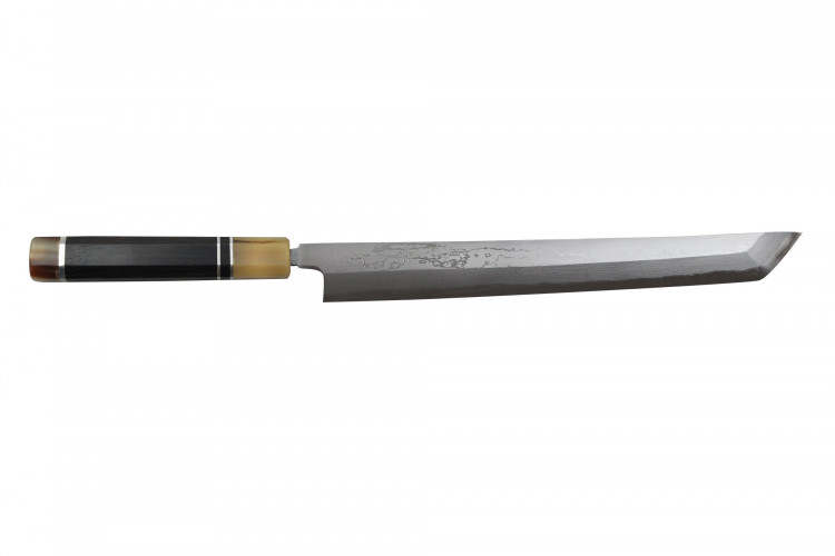 Couteau sakimaru takohiki japonais artisanal Naoki Mazaki Damascus biseauté 27cm corne claire
