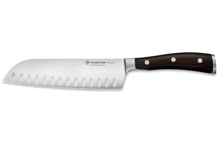 Couteau santoku W&uuml;sthof Ikon forg&eacute; 17cm alv&eacute;ol&eacute; en bois de grenadille