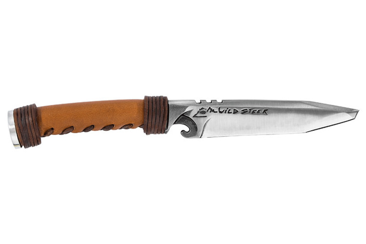 Couteau de chasse Wildsteer WILD0101P forgé lame tanto 11,5cm manche cuir clair + étui en cuir assorti + pierre à feu