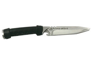 Couteau de chasse Wildsteer WILD0103P forgé lame tanto 11,5cm manche cuir noir + pierre à feu + étui en cuir assorti