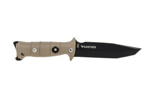 Couteau de survie Wildsteer Tork lame noire semi-dentée 13,3cm manche Tactiprène marron avec brise-vitre + étui + pierre à feu