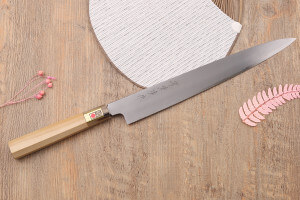 Couteau sujihiki japonais artisanal Kasahara Shigehiro forgé par Yoshikazu Ikeda 27cm