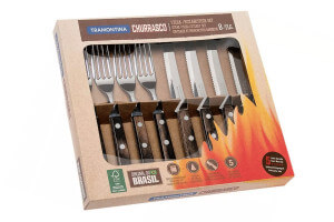 Coffret de 4 couteaux à steak lame crantée + 4 fourchettes Tramontina Churrasco
