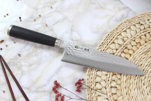 Couteau santoku japonais Shizu Hamono Bessaku Miyako martelé damas 33 couches 18cm