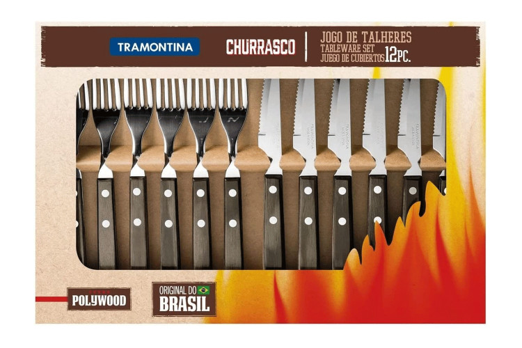 Coffret 6 couteaux &agrave; steak + 6 fourchettes Tramontina Churrasco Spanish Style marron