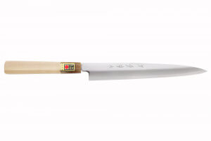 Couteau yanagiba japonais artisanal Kasahara Shigehiro forgé par Yoshikazu Ikeda 21cm