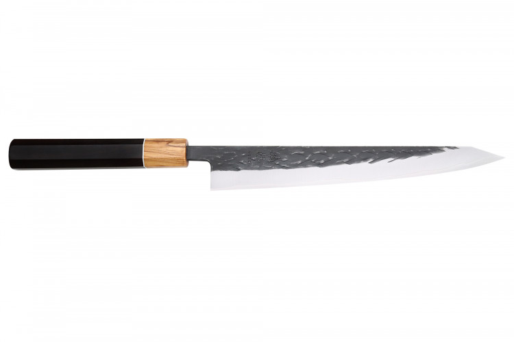 Couteau sujihiki 24cm japonais artisanal Yuzo Black SLD &eacute;b&egrave;ne et olivier