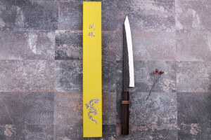 Couteau sujihiki 24cm japonais artisanal Yuzo Black SLD ébène et cognassier