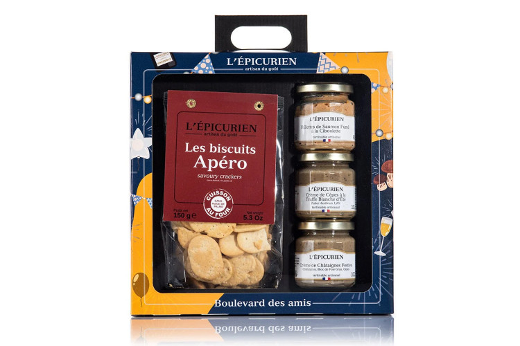 Coffret L'Epicurien Boulevard des amis - 3 tartinables + 150g de biscuits ap&eacute;ro