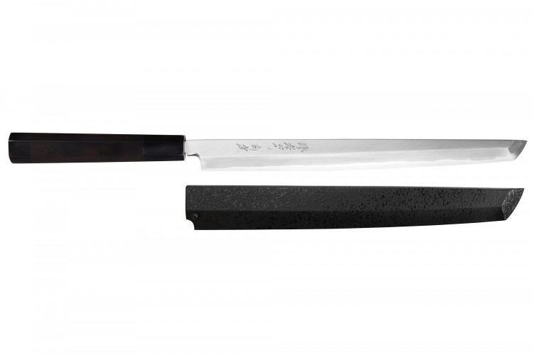 Couteau sakimaru takohiki japonais artisanal 27cm Sakai Takayuki Byakko manche en ébène + étui