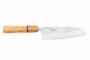 Couteau santoku 16,5cm japonais artisanal Yuzo SLD olivier et sequoia