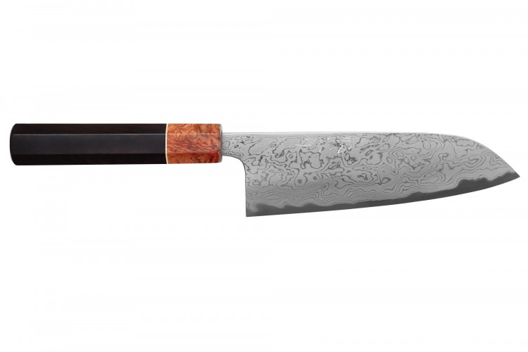 Couteau santoku 16,5cm japonais artisanal Toshihiro Wakui Aogami 2 damas laminé