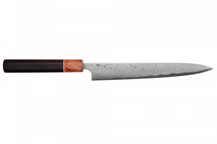 Couteau sujihiki 21cm japonais artisanal Toshihiro Wakui Aogami 2 damas laminé