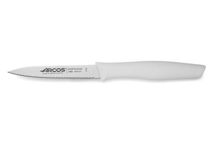 Couteau d'office Arcos Nova lame dent&eacute;e en acier Nitrum manche blanc 10cm