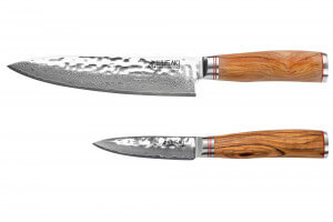 Coffret de 2 couteaux Wusaki Damas 10Cr manches en olivier Chef + Office