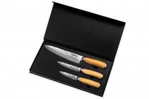 Coffret 3 couteaux Wusaki Damas 10Cr olivier Chef + Universel + Office