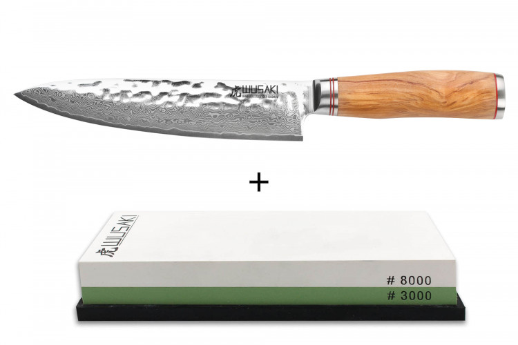 Pack Couteau de chef Wusaki Damas 10cr 20cm + Pierre &agrave; aiguiser 3000/8000