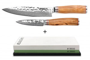 Pack Wusaki 2 couteaux Damas 10Cr Chef + Office + Pierre à aiguiser 3000/8000