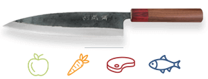 Nous vous présentons le couteau gyuto, spécialement utilisé pour émincer et trancher car il possède une lame longue et étroite. C'est un couteau multiusages.