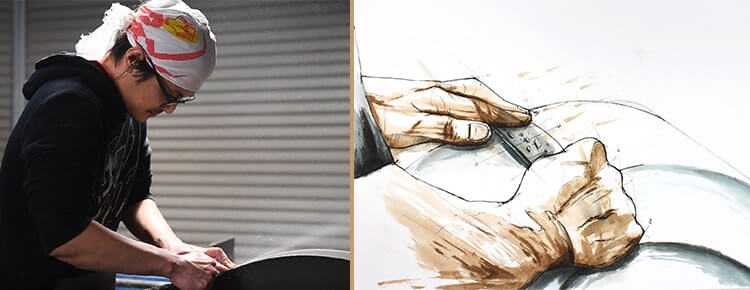 Makoto Kurosaki dans son atelier au Japon